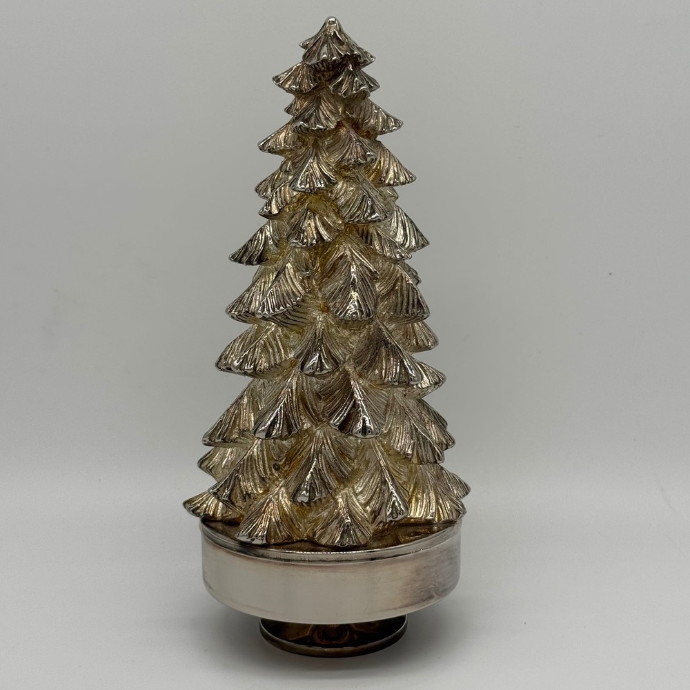 Vintage Silver Plated Christmas Tree Music Box Heavy Metal Silent Night 8.5"